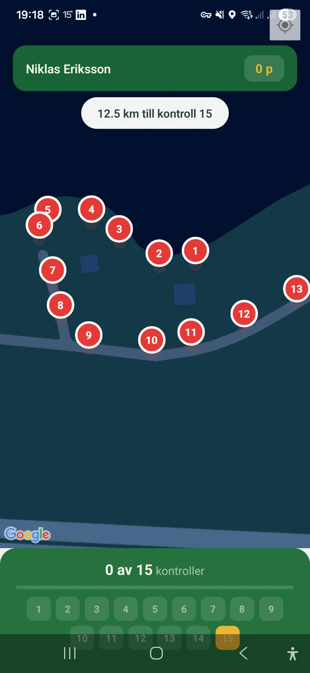Karta som visar 13 numrerade kontrollpunkter och avståndet till nästa kontroll