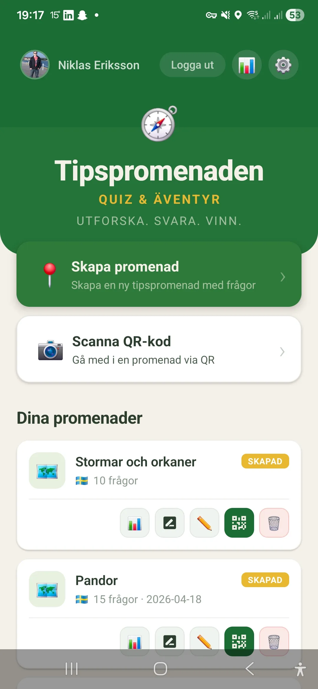 Hemskärm med rubriken Tipspromenaden, Skapa promenad-knapp och en lista över egna sparade promenader